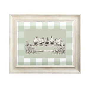 Garden Fence Hens — Sage Gingham Framed Print